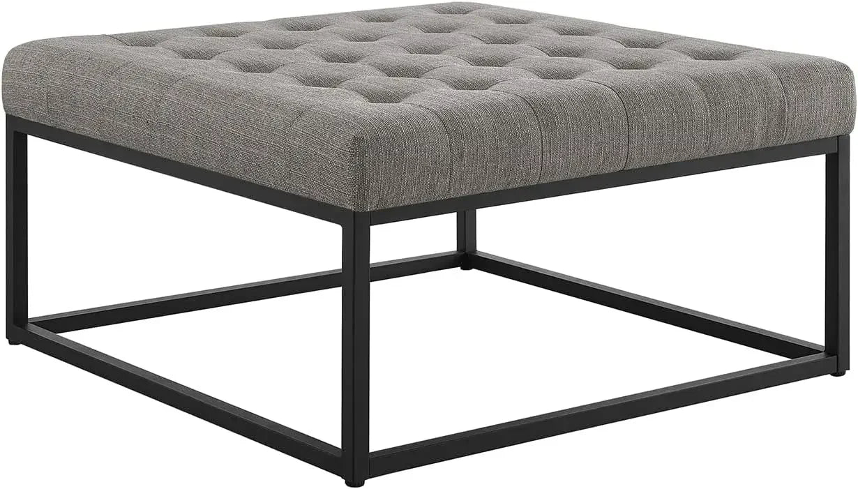 Middle Century Upholstered Tufted Coffee Table with Linen Padded Seat, Large Square Ottoman, Black Metal Frame, Granite