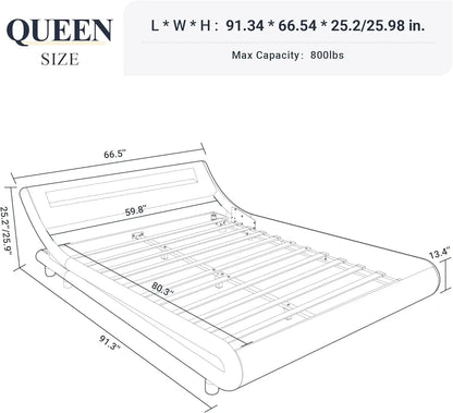 Queen Size LED Platform Bed Frame with Adjustable Headboard/No Box Spring Need/Easy Assembly/Faux Leather in Black