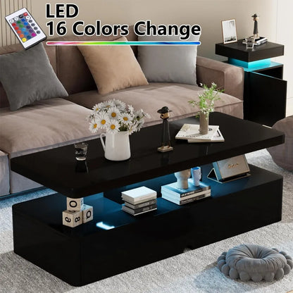 Modern Stylish Coffee Table with 16 Colors LED Lights, Double-Layer Design for Living Room, Black