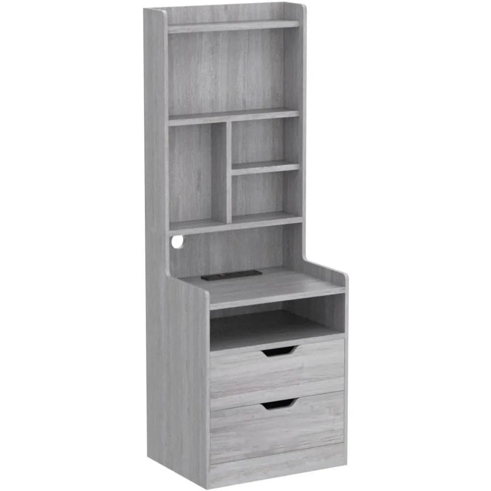 Tall Nightstand with Charging Station and LED Lights, LED Gray Nightstand with Drawers and Shelves, Tall Bedside Table