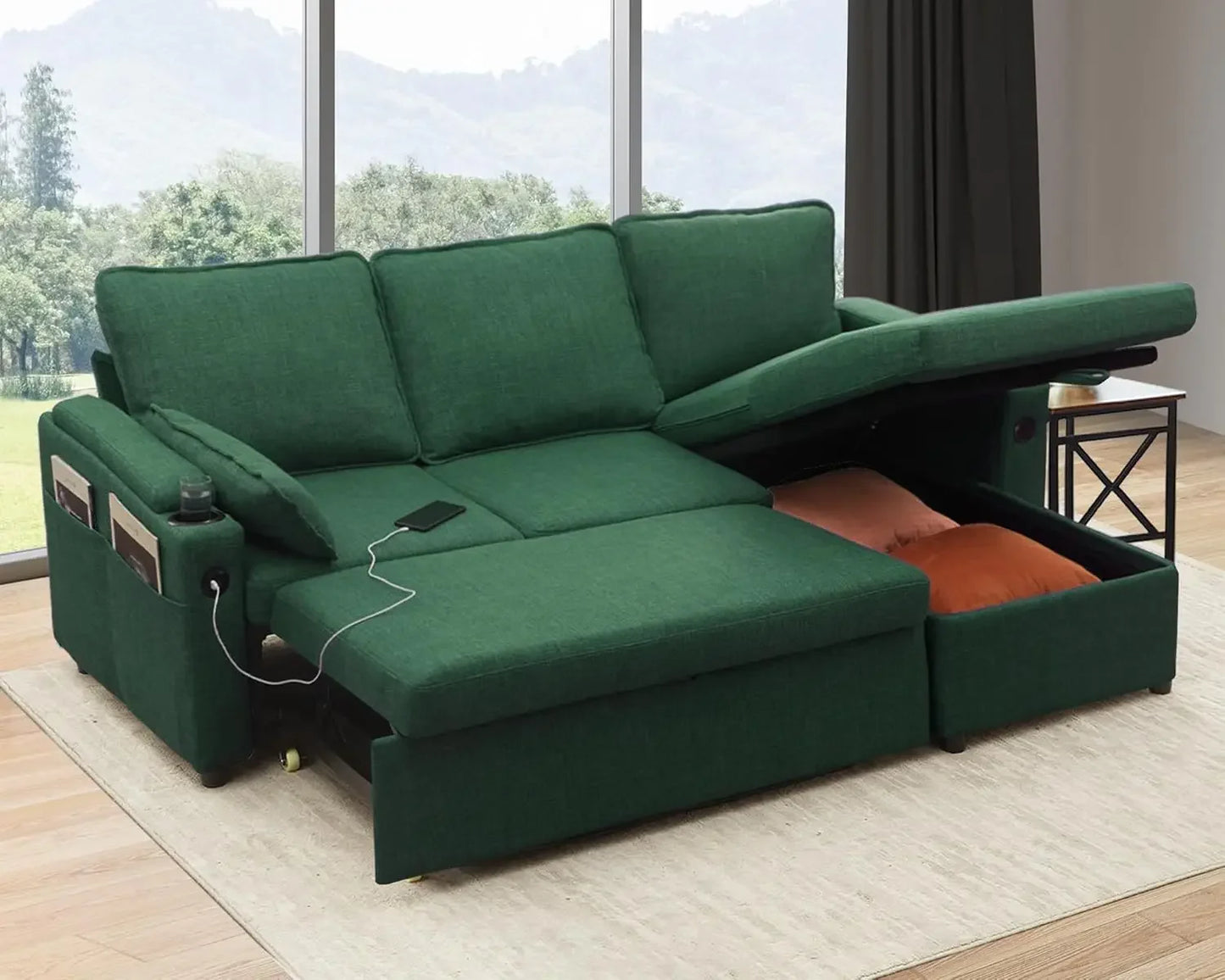 Sofa Bed Sleeper Pull Out 2 in 1 Sectional Sleeper Sofa Couches with Storage,USB, Cup Holder,Pullout Sectional Couches