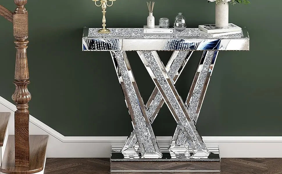 Modern Console Table Mirrored Finished, Glam Style W Silver Entryway Table Inlay with Sparkly Crushed Crystals, 35 inches Contem