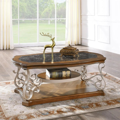 2-Tier Brown Vintage Wooden Coffee Table, Retro Glass Tea Table Top Carved Flower Shaped Table Legs Small Space Apartment Office