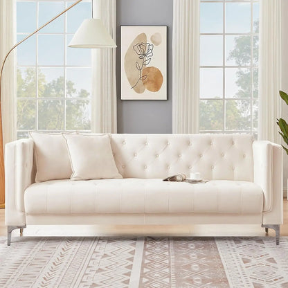Modern Sofa Couch for Living Room, 3 Seater Sofa with Deep Seats and 2 Pillows, Handmade Button Tufted Leather Couch
