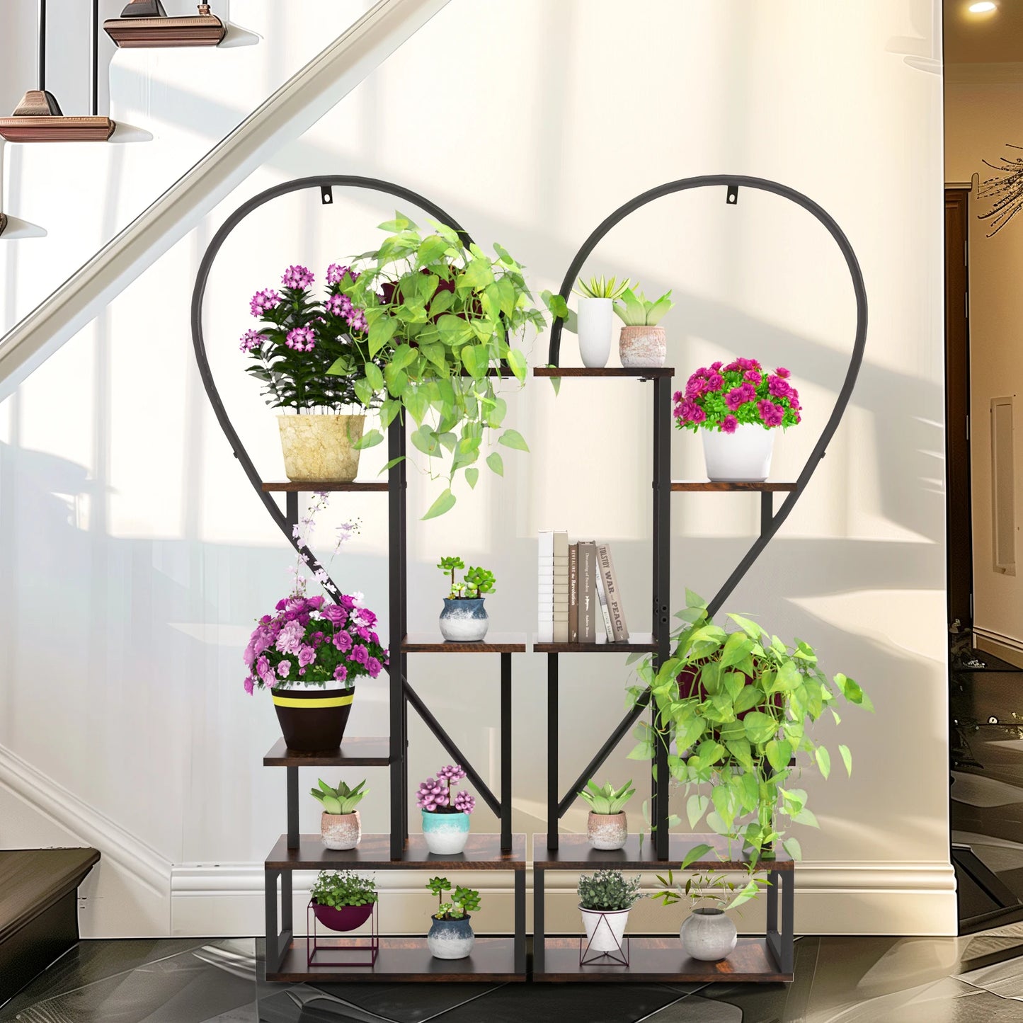 2 Pack Half Heart Shaped Metal Plant Stand 6-tier Garden Display Shelf with Hooks for Home Patio Lawn Flowers