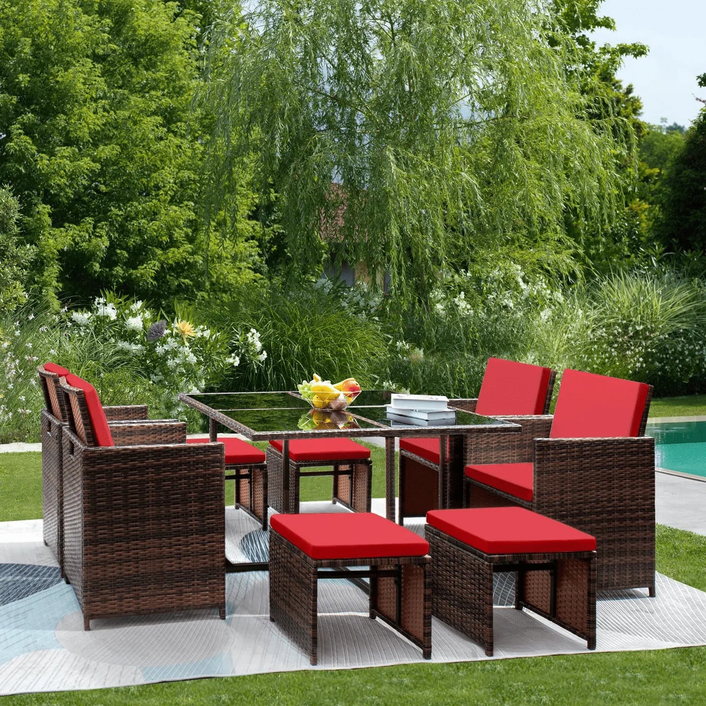 9 Pieces Patio Outdoor Wicker Rattan Chairs and Tempered Glass Table Sectional Conversation Set with Ottoman