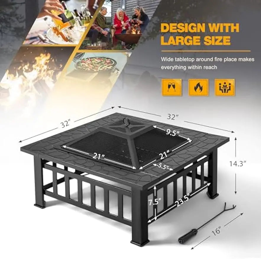 32-inch Metal Fire Pit Table - Square, Multiuse with Screen & Cover