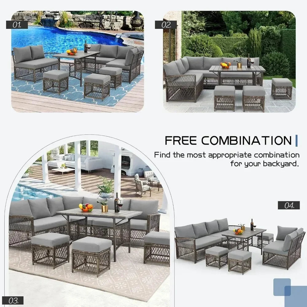 Patio Furniture Set, 7 Pieces Wicker Outdoor Sectional Sofa with High Table and Chairs,   Dining Set with Ottoman for Garden