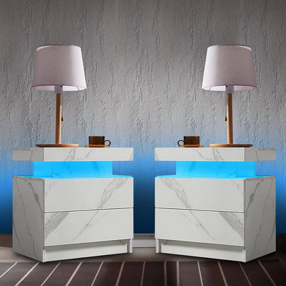 Nightstand Set of 2 LED Nightstand with 2 Drawers,Bedside Table with Drawers for Bedroom Furniture,Side Bed Table , White