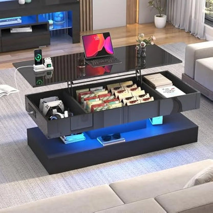 Large Lift Top Coffee Table,Modern High Glossy LED Coffee Tables for Living Room with Storage,Black Living Room Tables