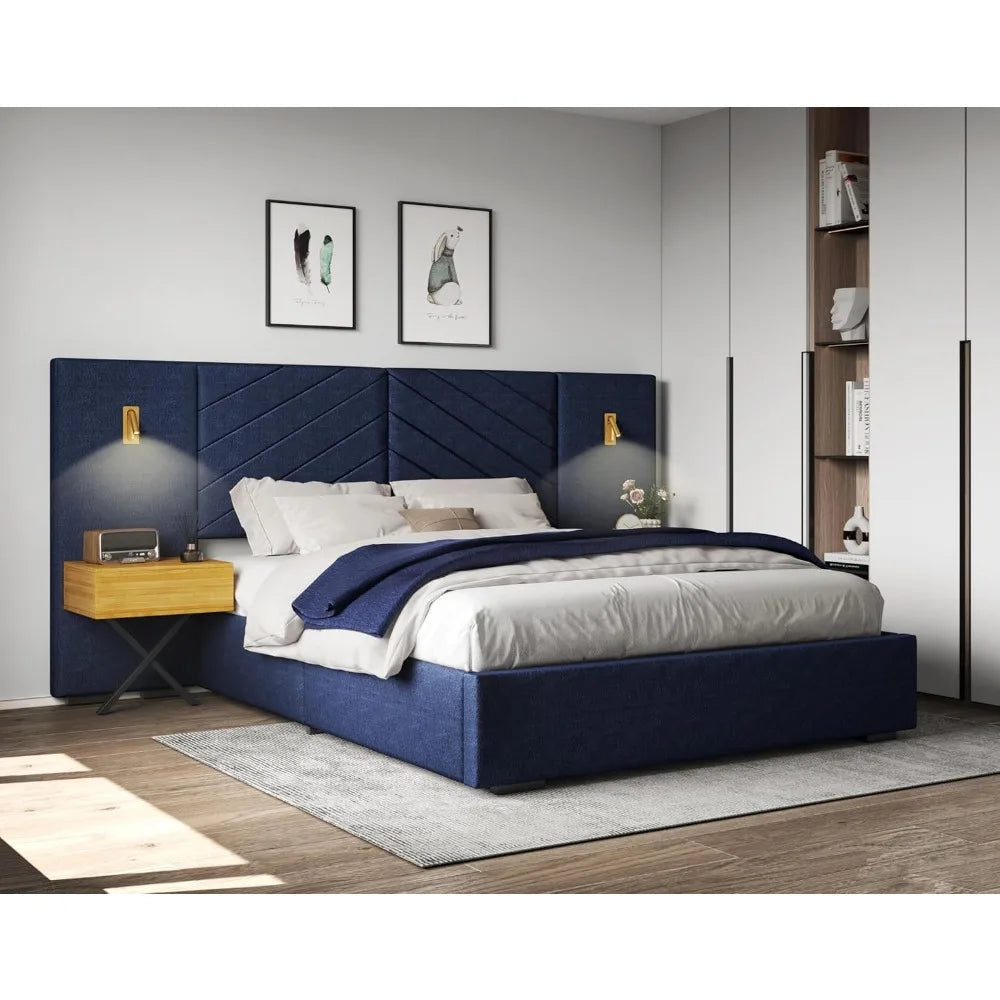 Luxury Bed Frame with Built-in Gold LED Lights and Nightstands, Queen Size Platform Bed with Oversize Upholstered Headboard,