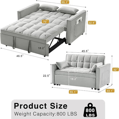 3 in 1 Convertible Sleeper Sofa Bed, Futon Couches for Living Room with Side Pocket, Adjustable Backrest, Velvet Fabric