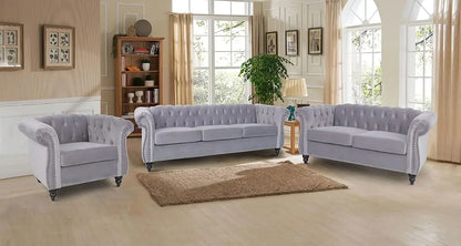 3 Pieces of Living Room Furniture Sofa Sets, Modern Velvet Chesterfield Sofa&Chesterfield Loveseat Sofas Set