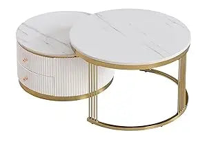 27.6, Gold+White Modern 2 Pieces Round Nesting Coffee Table with Drawers