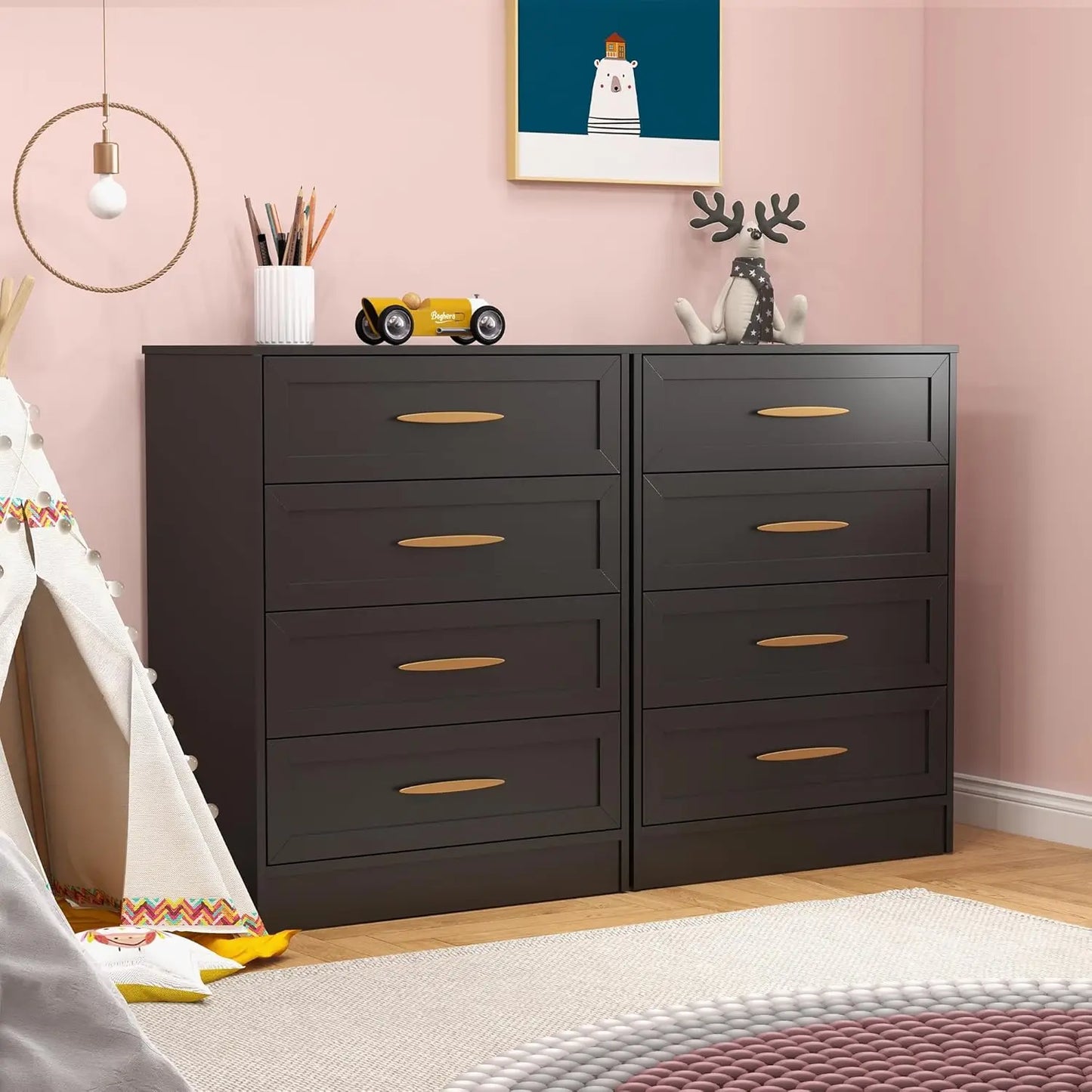 4-Drawer Dressers Set of 2 Black Chest of Drawers with Gold Handle & Wide Drawers 35.8" Tall Storage Cabinets for Living Rooms