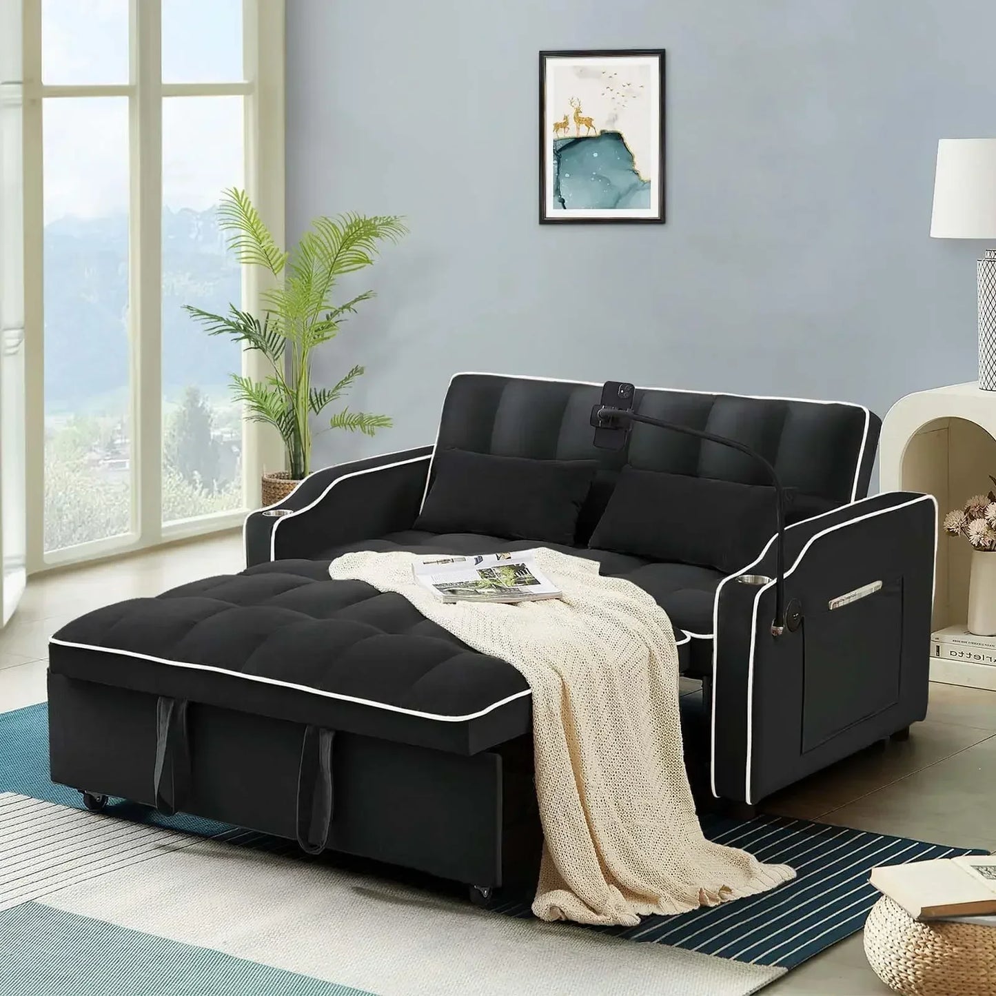 3 in 1 sofa bed is compatible, Living Room Sofas with two different port devices, features a premium velvet, Living Room Sofa