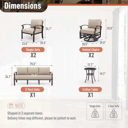 Aluminum Patio Furniture Set 7 Seater Modern Metal Outdoor Conversation Set, Swivel Chair Terrace Sectional Sofa, 5.1" Cushions