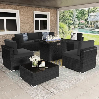 8 Pieces Patio Furniture Set with 44Propane Gas Fire Pit Table,Outdoor Sectional Wicker Conversation Sofa Sets with Coffee Table