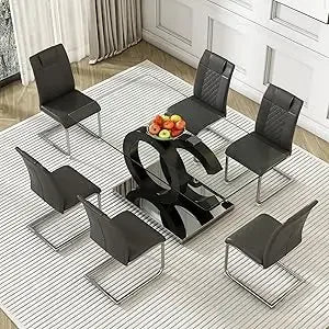 63”Glass Dining Table Set 0.39”Tempered Glass Rectangular Kitchen Table with High Back Dining Chairs Set of 6