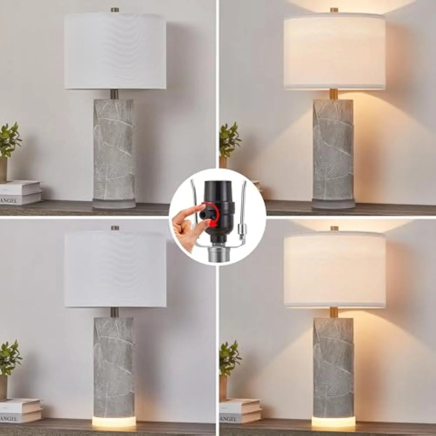 23.25 Table Lamps for Living Room Set of 2   Distressed Gray Table Lamps with Luminous LED Base   Bedside Table Lamps for Bedroo