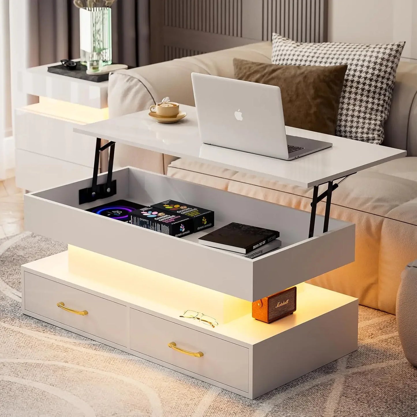 LED High Glossy Coffee Table, Modern Coffee Table for Living Room,2 Tiers Rectangle Design Table with 16 Colors LED Lights Black