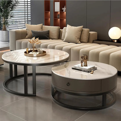 Modern Nesting Coffee Table with drawer,round,soild wood tabletop，metal frame,simple Sliding design tea table for Living Room