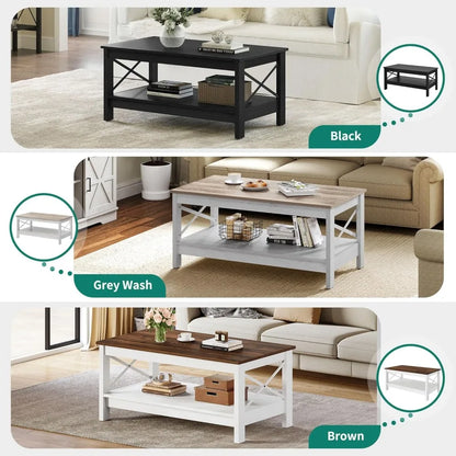 Coffee Table for Living Room,Modern Farmhouse Coffee Table with Storage,2-Tier Center Table for Living Room Wood Living Room