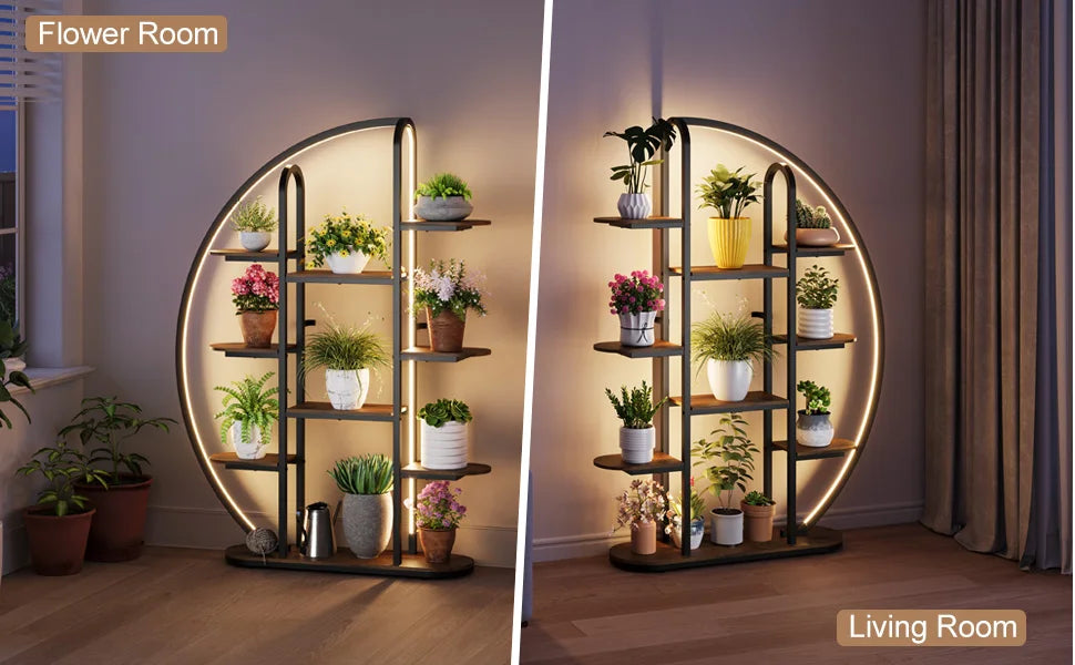 Big Plant Stand Indoor with LED Light, 65”Tall Metal Plant Shelf Flower Stand for Multiple Plants, 9 Tier Moon-Shaped Plant Rack