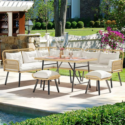 Patio Wicker L-Shaped Furniture Set, Outdoor Conversation Sofa Set for Backyard Deck with Soft ,Dining Table (Light Brown+Beige)