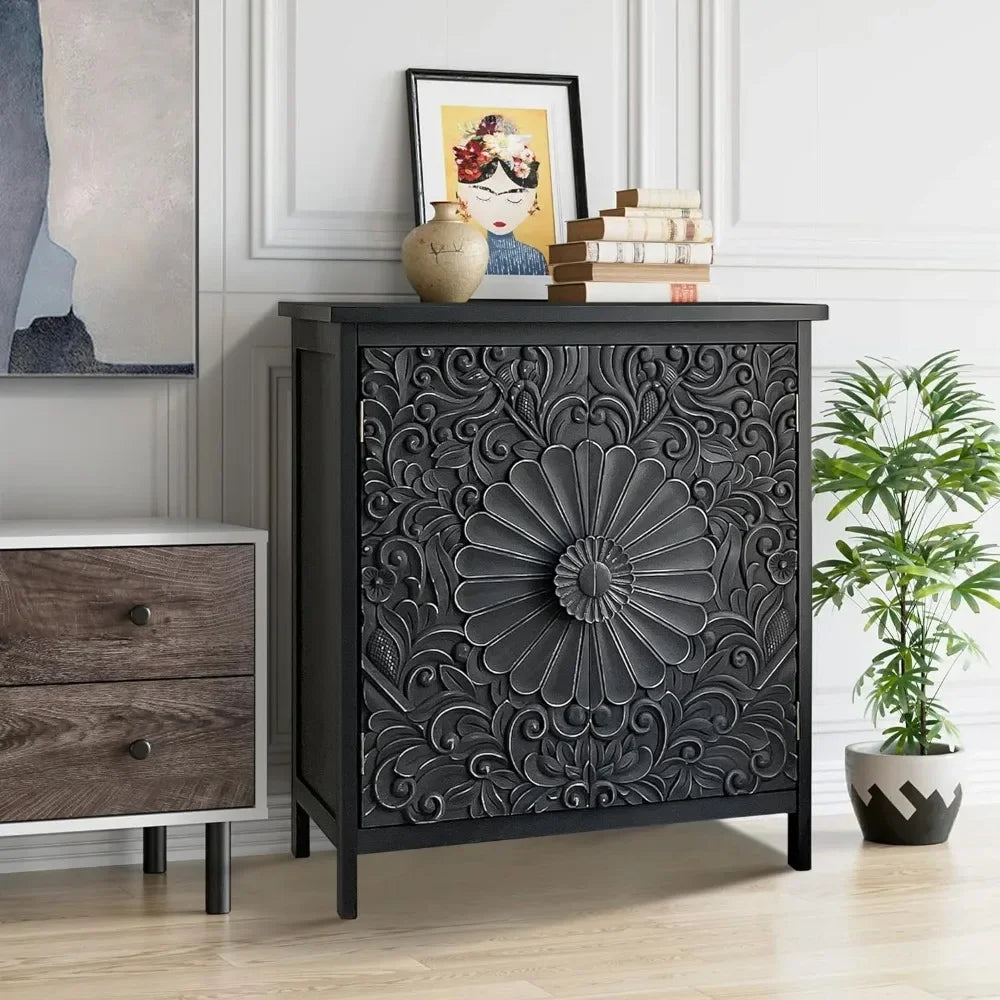 2-Door Accent Cabinet, Distressed Storage Cabinet with 2 Carved Doors and Wooden Frame for Entryway, Living Room