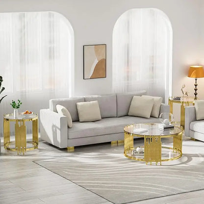 Glass Coffee Table Round Modern Living Room Table, Gold Stainless Steel Metal Leg Clear Tempered Glass, Sofa Center Table