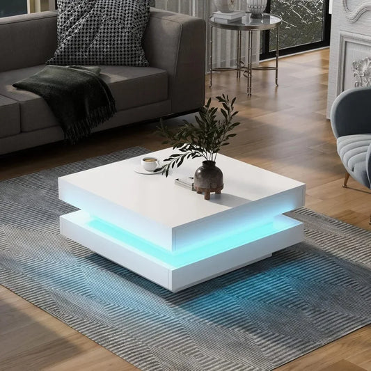 LED Coffee Table for Living Room, 2-Tier Square Center Table, High Gloss Coffee Table with 7-Color Plug-in LED Light