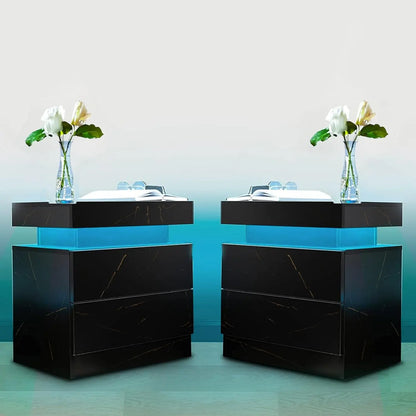 Nightstand Set of 2 LED Nightstand with 2 Drawers,Bedside Table with Drawers for Bedroom Furniture,Side Bed Table , White