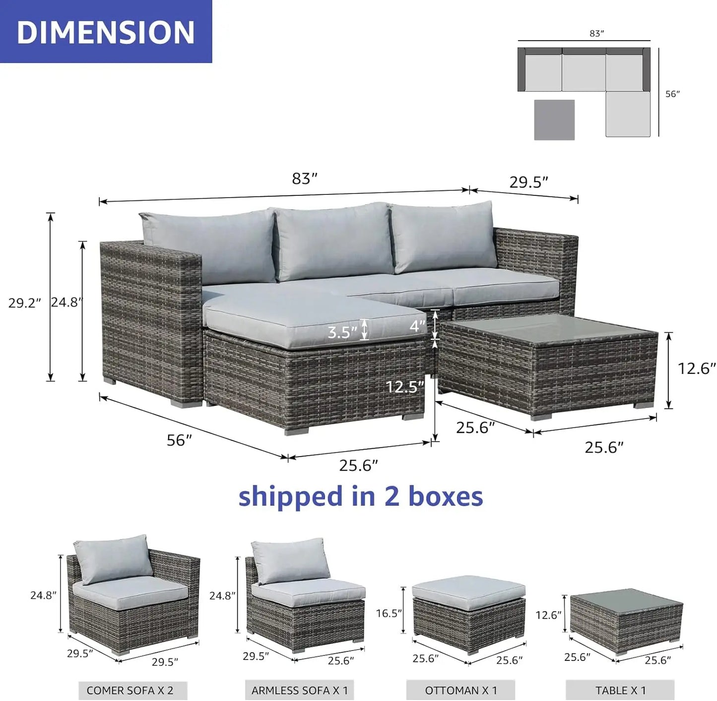 5-Piece Outdoor Patio Set - Grey Wicker & Cushions