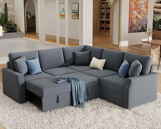 Sofa Bed, 85 In Sleeper Sofa w/ Pull Out Bed & Storage Seat, Oversized L Shape Sectional Sofa, Grey Linen Reversible Couch