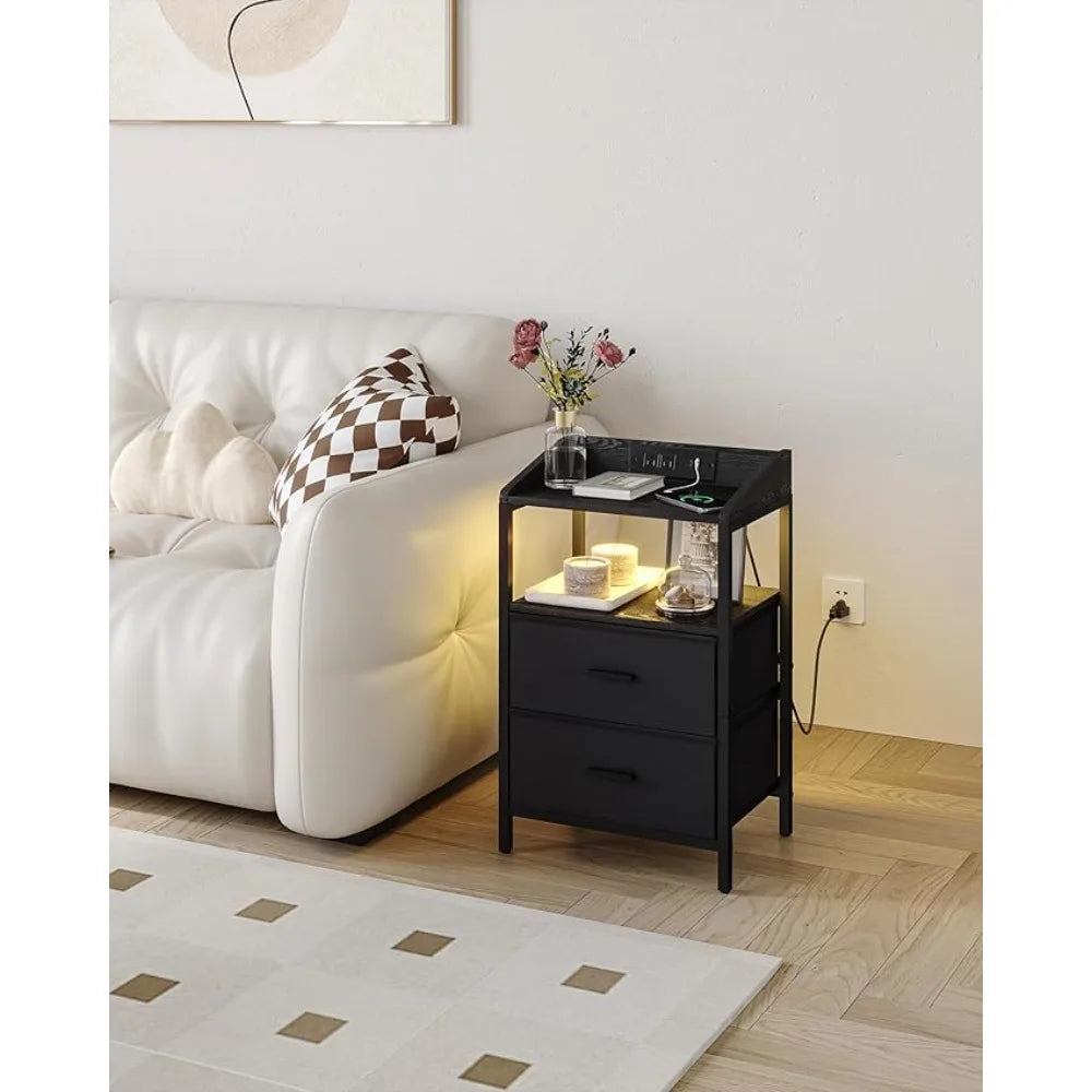 2-piece Nightstands,Modern Side Table with LED Lights and Charging Station, USB Port and Power Outlet Nightstands