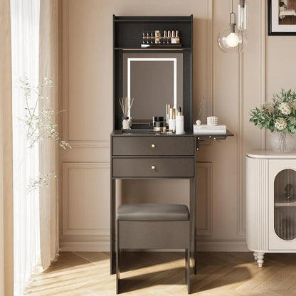 Compact Black Vanity Table with Fold-Up Panel and Storage Chair