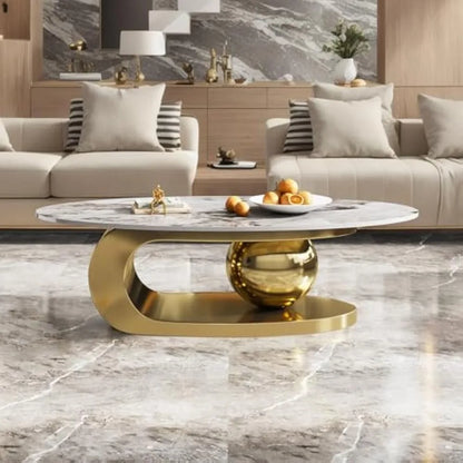 Oval Stone Coffee Table, Gold Metal Base Marble Coffee Table Center Table, Luxurious Gold and Stone Living Room Table