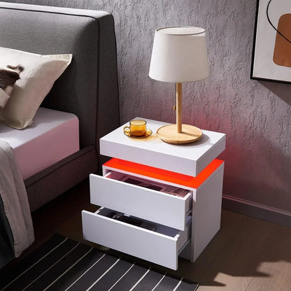 Nightstand Set of 2 LED Nightstand with 2 Drawers,Bedside Table with Drawers for Bedroom Furniture,Side Bed Table , White