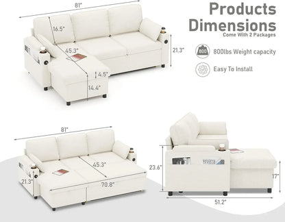 Sofa Bed Sleeper Pull Out 2 in 1 Sectional Sleeper Sofa Couches with Storage,USB, Cup Holder,Pullout Sectional Couches