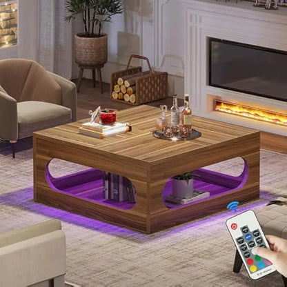 43-Inch Coffee Table with LED Light, Square Coffee Table with Storage, Wood Cocktail Table, Farmhouse Center Table