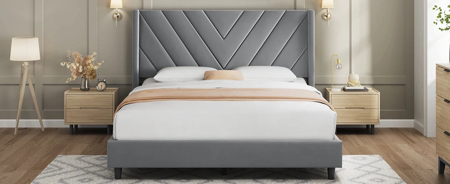 Queen Bed Frame Upholstered Platform Bed with Wing Side/Wooden Slat Support/Tufted Headboard with Wing Side/Mattress