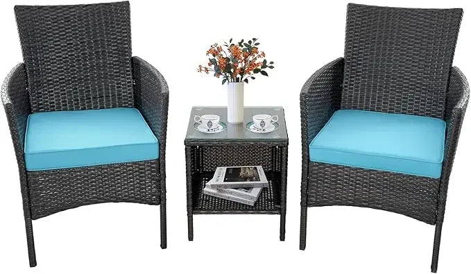 3-piece Terrace Furniture Set, Outdoor Terrace Furniture Set with PE Rattan Wicker Chairs and Table