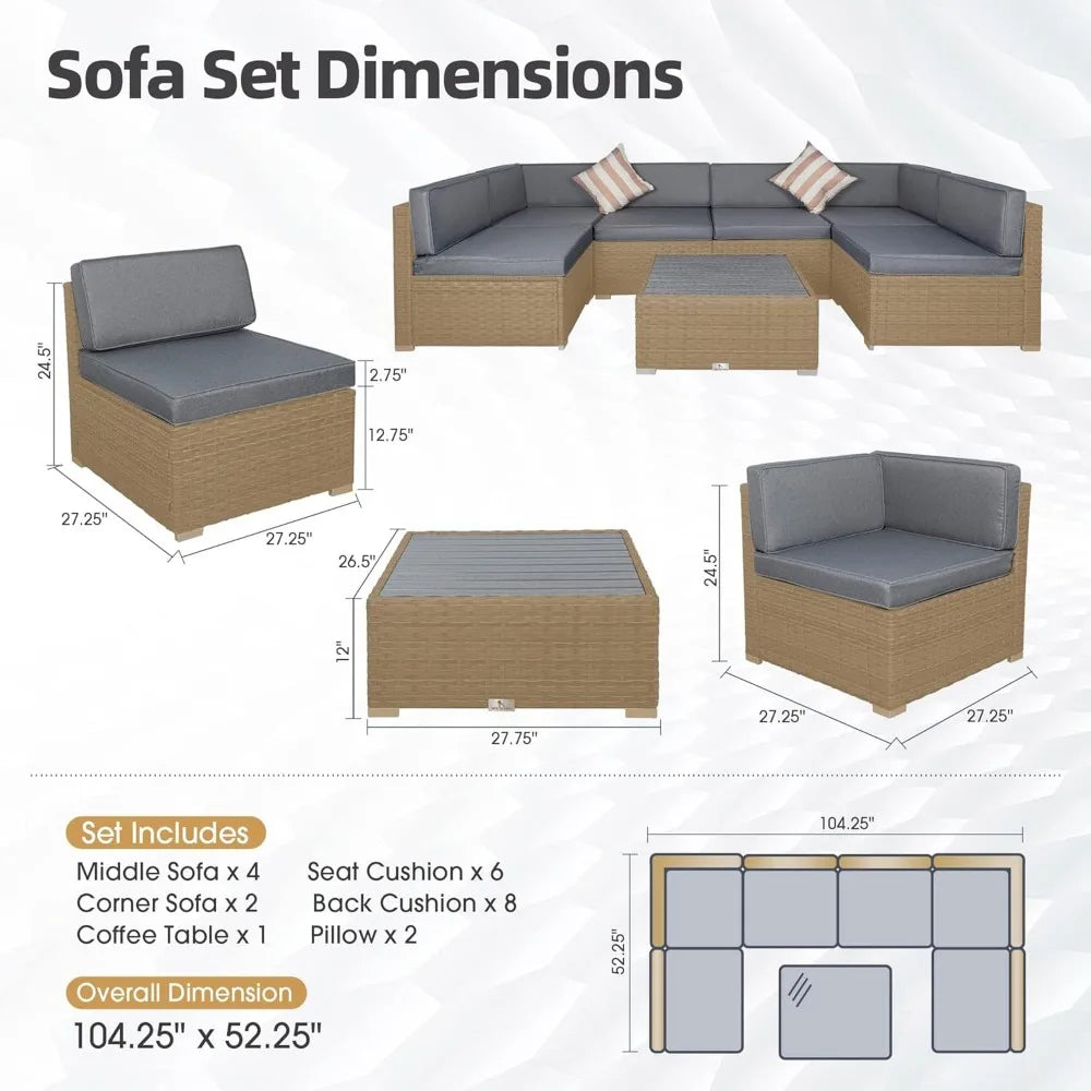 7 Piece Outdoor Patio Furniture Sets with Cushions, Outdoor PE Rattan Wicker Sectional Conversation for Garden, Deck, Poolside