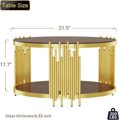 Glass Coffee Table Round Modern Living Room Table, Gold Stainless Steel Metal Leg Clear Tempered Glass, Sofa Center Table