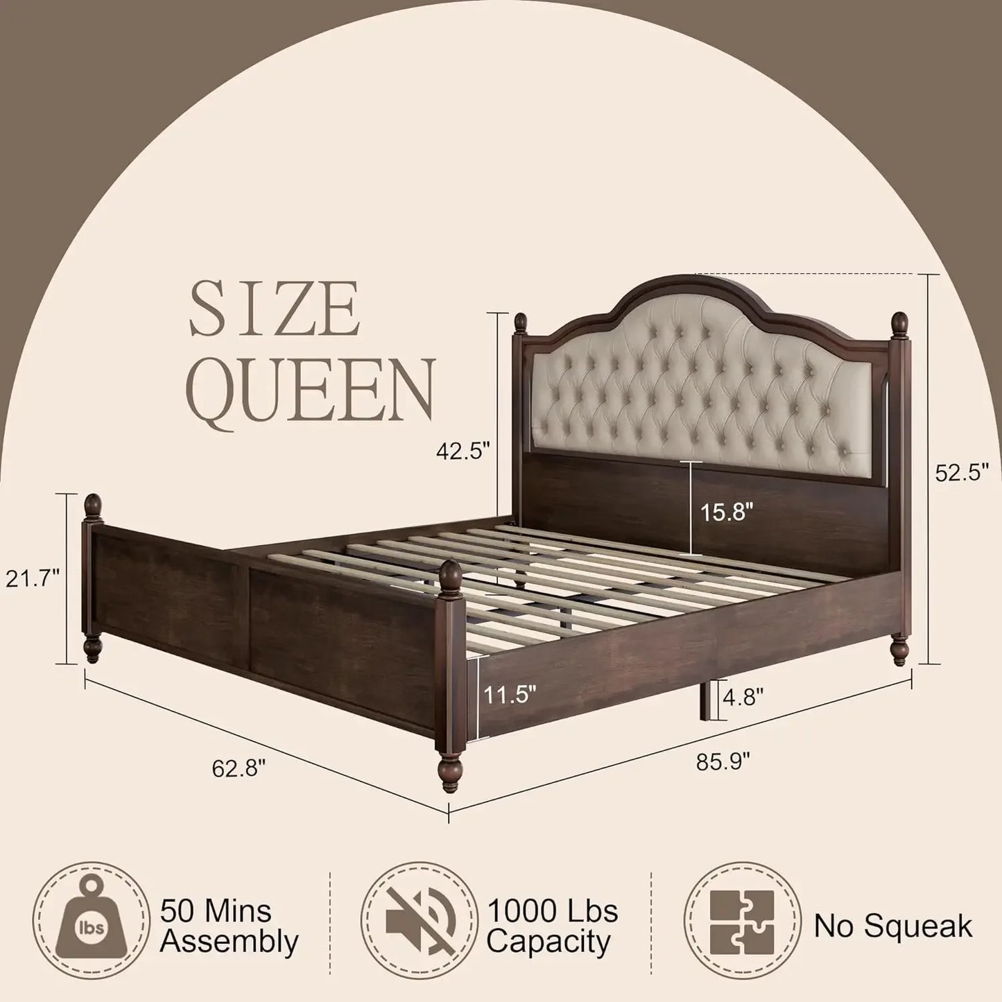 Queen Solid Wood Bed Frame with 52.5" Tufted Upholstered Headboard