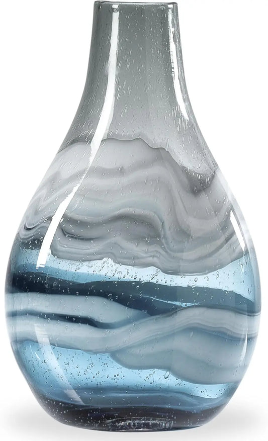 Mouth Blown Glass Vase for Home Decor 14" Tall Large Blue Glass Vase for Centerpiece, Handmade Blue Vases for Decor