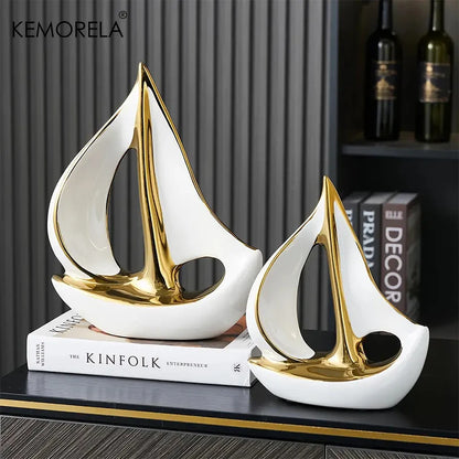 Ceramics Luxury Sailboat Sculpture - Post-modern Living Room Ornament - Desk Accessory - Decorative Boat Figurine