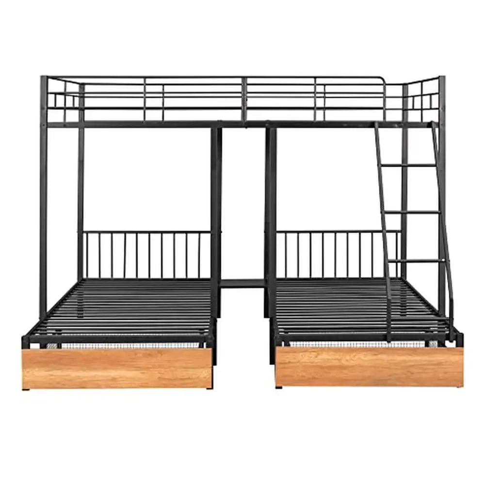 Metal Triple Bunk Bed with Drawers Full Over Twin & Twin 3 Space-Saving Noise Free Guardrails No Box Spring