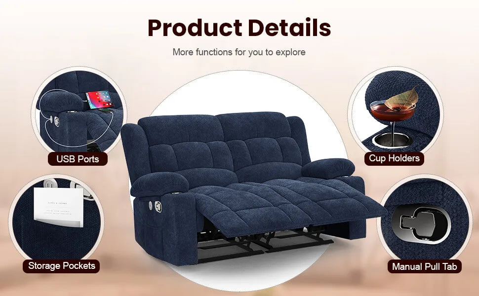 Loveseat Recliner Sofa, 2 Seater Minimalist Style Fabric Manual Pull Tab Reclining Loveseat with USB Charge Ports, Cup Holders